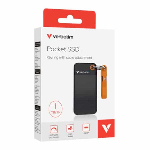 Verbatim 1TB Pocket SSD USB 3.2 Gen 2 1TB Black Orange Convenient Keyring cable holder. Compact, Rugged. Ultra Lightweight Performance 58g Portable B