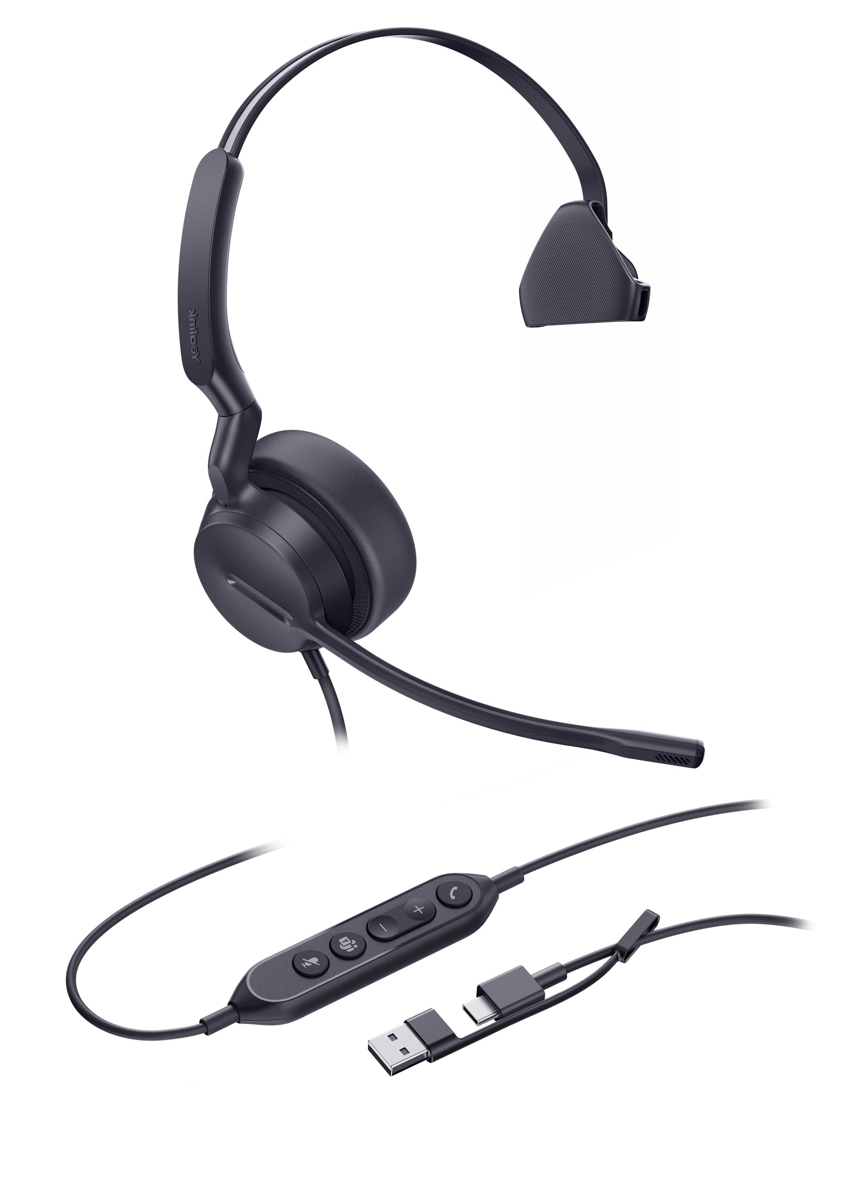 YealinkUH42 Mono UC USB-C/A USB Wired Headset, Noise-Canceling Microphone, Leather Ear Cushions, Controller, USB-C  cord with USB-A adapter