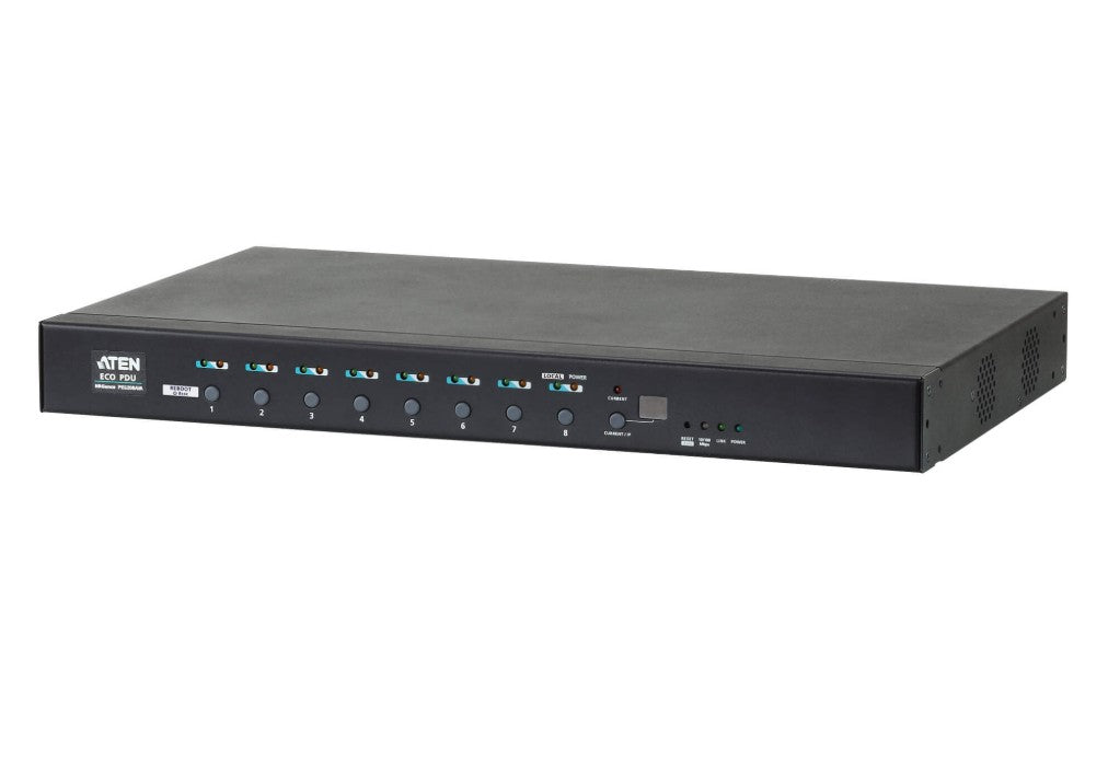 ATEN 16A 8-Outlet 1U Metered & Switched eco PDU, Detachable front panel fits 19' racks with different depths, Supports RS-232 port