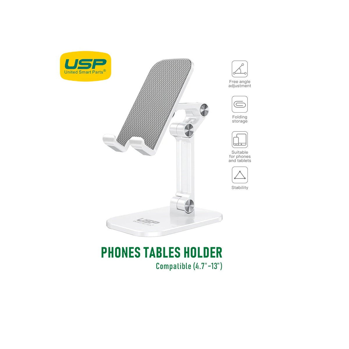 USP Phone/Desktop Stand/Holder for iPhone/iPad White - Foldable Phone Stand, Foldable Tablet Stand, 5 Years Warranty