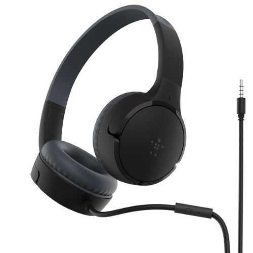 Belkin SoundForm Mini Wired on-Ear Headphones for Kids - Black(AUD004btBK), 85dB Volume Cap, Built-in Microphone, 3.5mm Connector, 2 Years Warranty