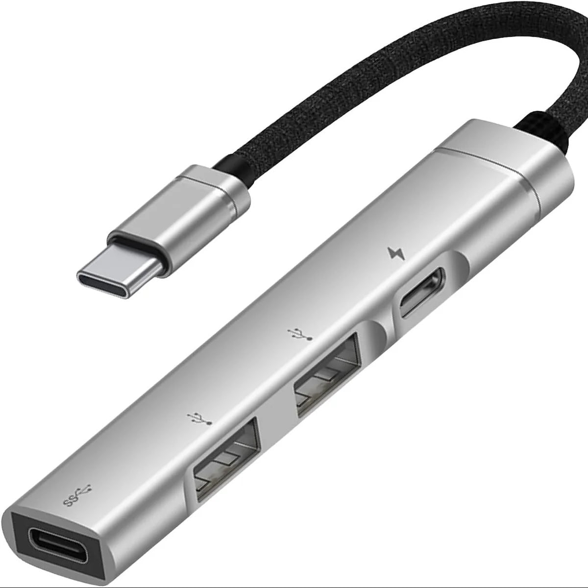 USP Multiport 4-in-1 Dual USB-C & Dual USB-A Hub - Silver, (2x USB-A), (2x USB-C), 1x USB-C PD Fast Charging, Braided Cable, 5 Years Warranty