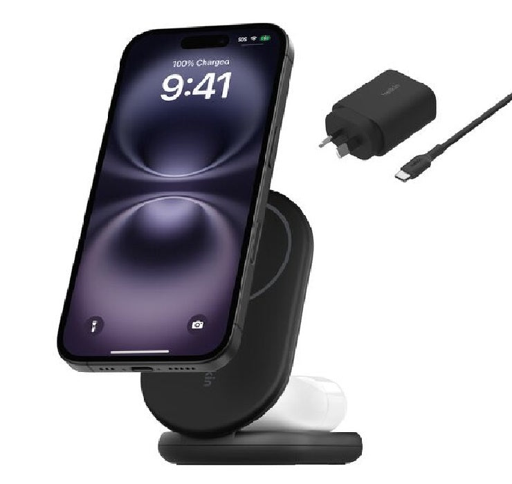 Belkin BoostCharge 2-in-1 Magnetic Foldable Wireless Charger With Qi2 15W +36W Wall Charger  USB-C Cable(1.5M) - Black(WIZ028auBK),2 Years Warranty