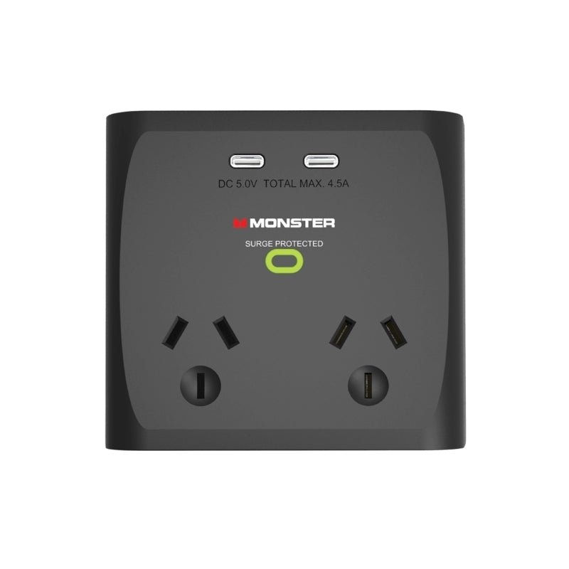 Monster Dual Socket Surge Protector with Dual USB-C Ports - Black - Soundz Store AUSTRALIA