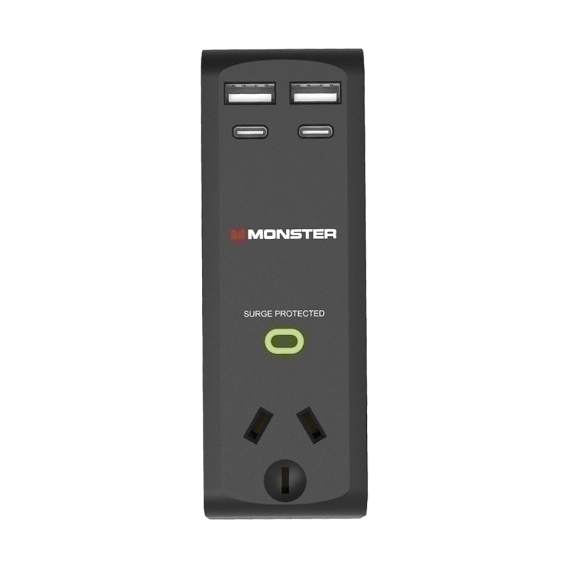 Monster Single Socket Surge Protector with USB-C &amp; USB-A Ports - Black - Soundz Store AUSTRALIA