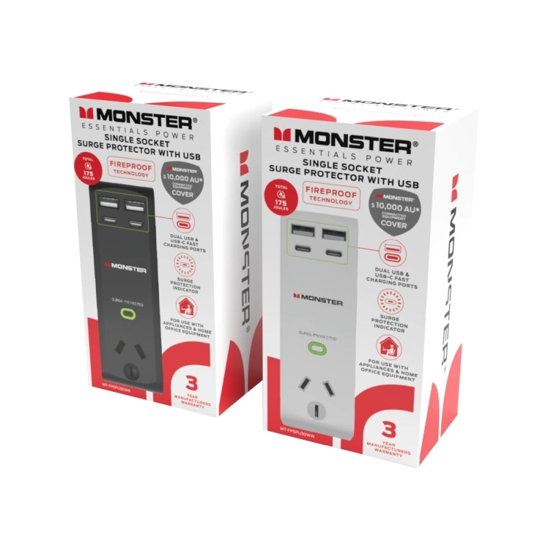 Monster Single Socket Surge Protector with USB-C & USB-A Ports - Black