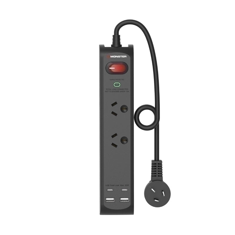 Monster Dual Socket Surge Protector Board with USB-C &amp; USB-A Ports - Soundz Store AUSTRALIA