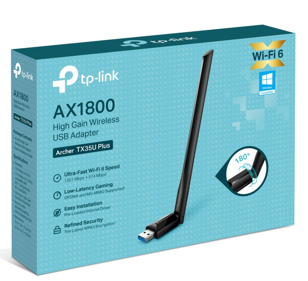 TP-Link Archer TX35U Plus AX1800 High Gain Wireless USB Adapter, 1201 Mbps at 5 GHz + 574 Mbps at 2.4 GHz, 1× High Gain External Antenna, USB 3.0

FEA