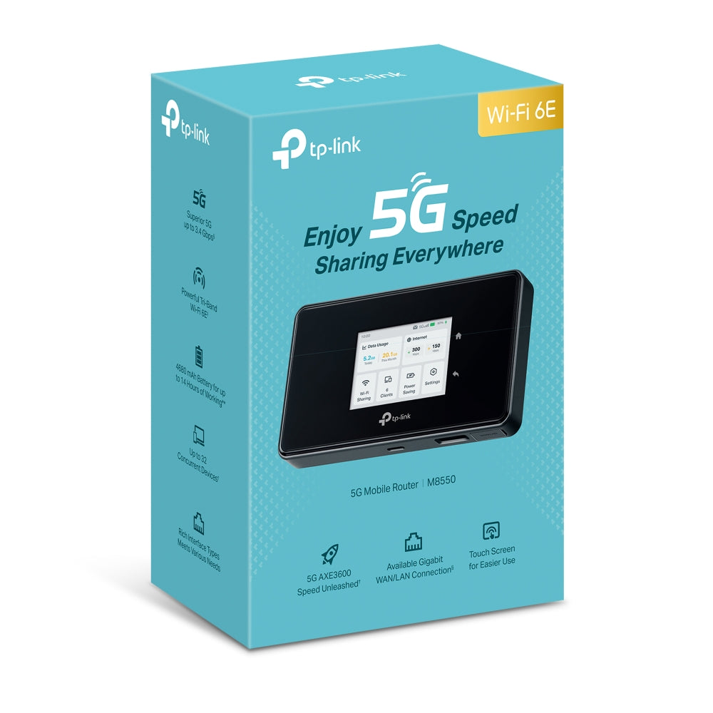 TP-Link M8550 5G Mobile Wi-Fi, 2880 Mbps at 6 GHz or 2880 Mbps at 5 GHz 688 Mbps at 2.4 GHz, 5G 3.4Gbps/900Mbps, 4G Cat19 1.6Gbps/2