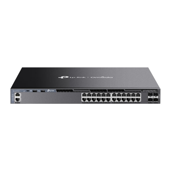TP-Link SG6428X Omada 24-Port Gigabit Stackable L3 Managed Switch with 4 10GE SFP+ Slots, 24× Gigabit RJ45 Ports, 4× 10G SFP+ Slots, RJ45/Type C USB C