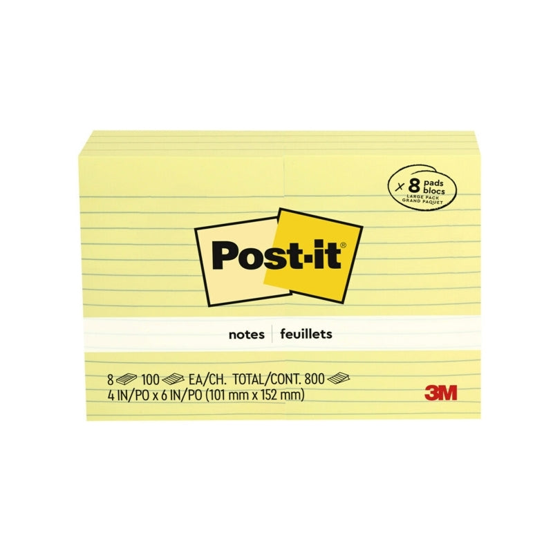 Post-It Lined Notes Canary Yellow 101 x 152mm 8-Pack