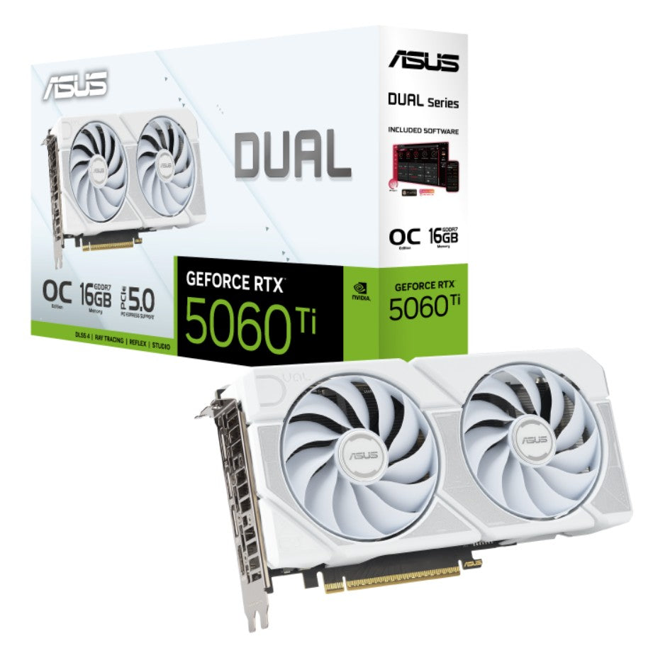 ASUS Dual GeForce RTX™ 5060 Ti 16GB - White OC, NVIDIA®, GDDR7, 4608 CUDA Cores, 28Gbps, 128-bit, PCIe 5.0, HDMI 2.1b, DP 2.1b