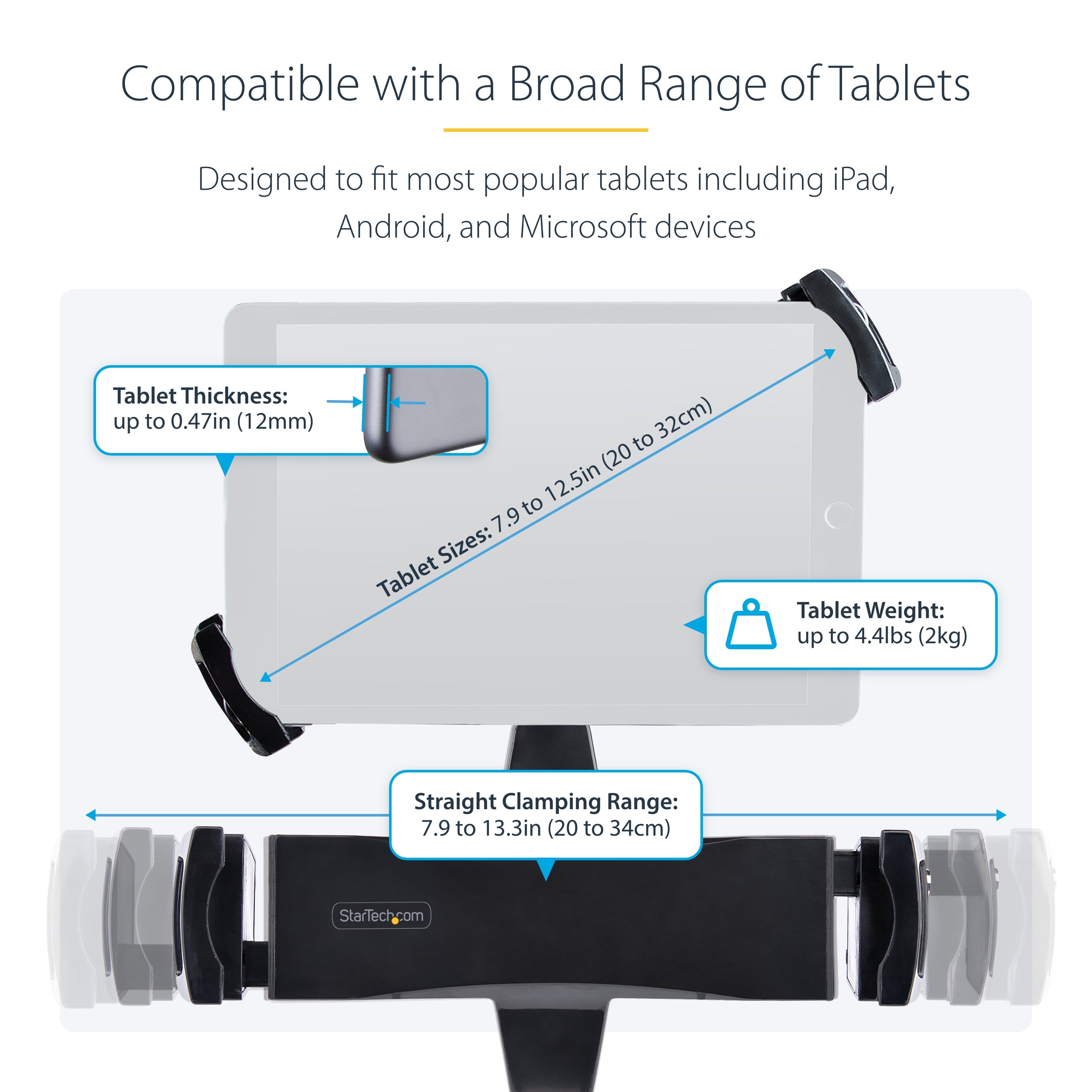 StarTech.com VESA Mount Adapter for Tablets 7.9 to 12.5in - Up to 2kg (4.4lb) - 75x75/100x100 VESA Patterns - Universal Anti-Theft Tablet VESA Mount Clamp - Secure Tablet Mount - Black