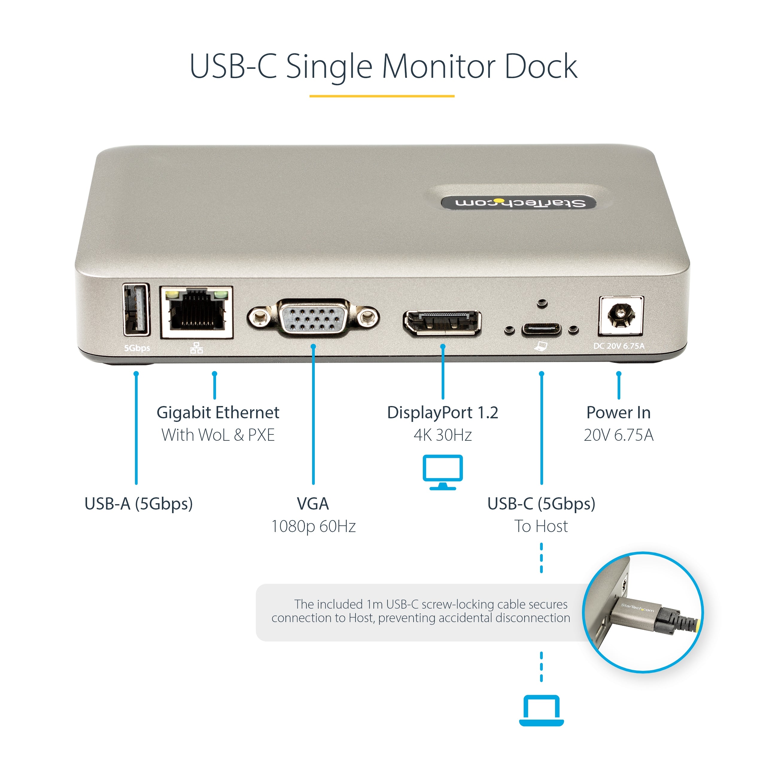 StarTech.com USB C Dock - USB-C to DisplayPort 4K 30Hz or VGA - 65W USB Power Delivery Charging - 4-Port USB 3.1 Gen 1 Hub - Universal USB-C Laptop Docking Station with Ethernet