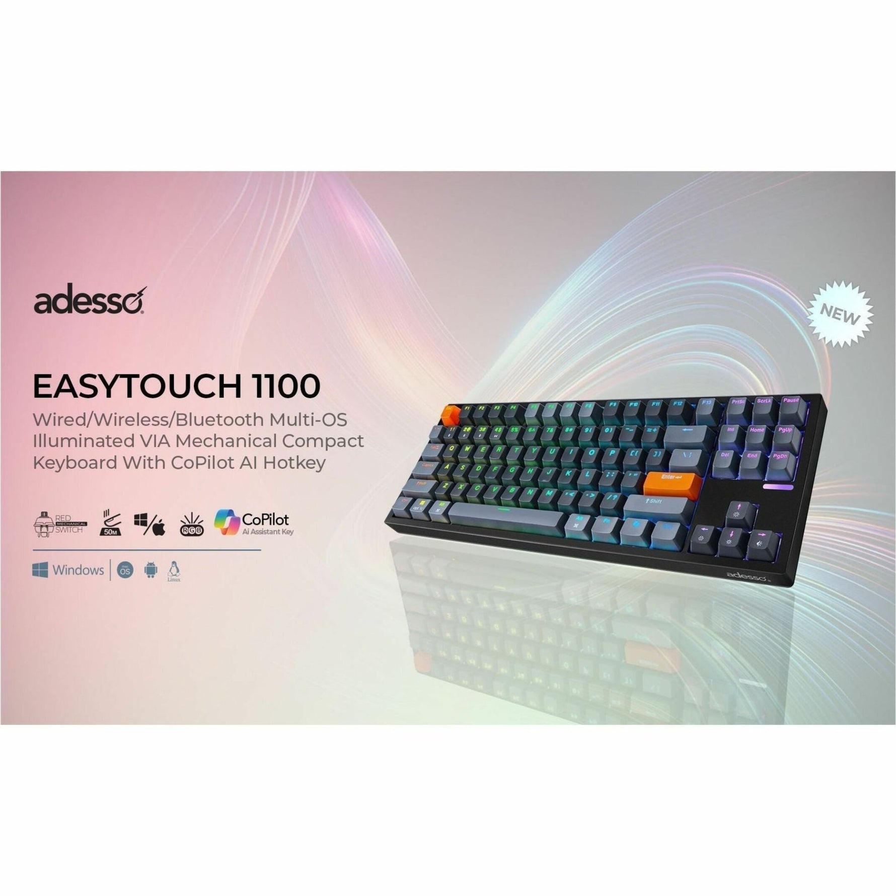 Adesso EasyTouch 1100 Keyboard - Wired/Wireless Connectivity - USB Interface - RGB LED - English (US) - Grey - Soundz Store AUSTRALIA