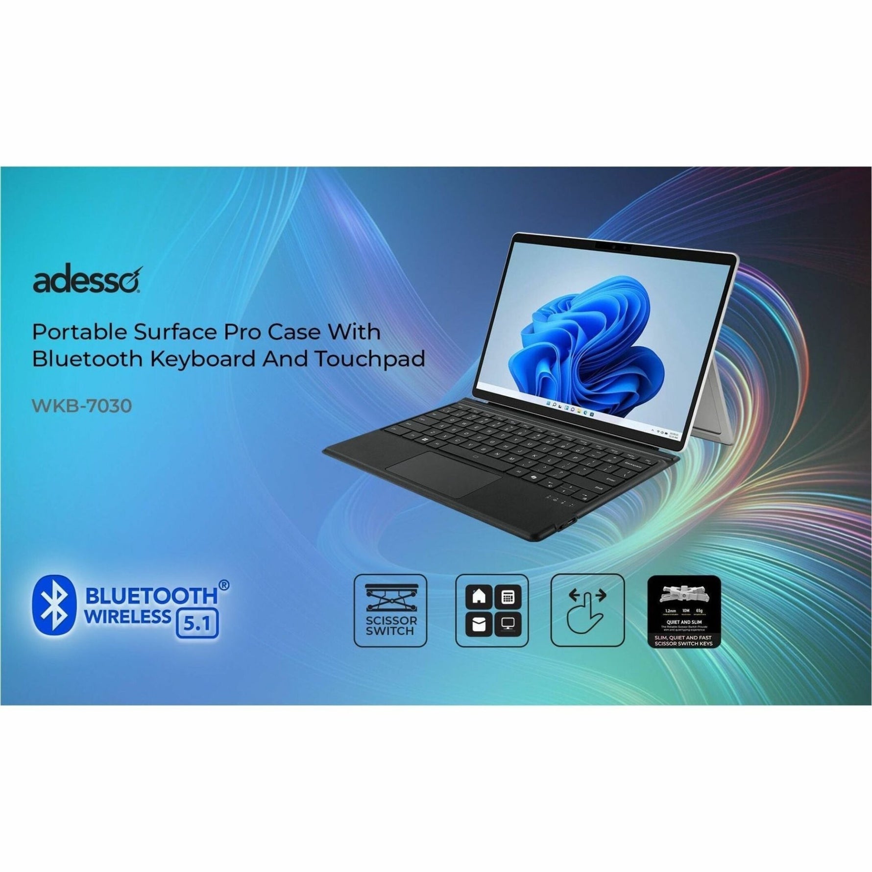 Adesso Portable Keyboard/Cover Case for 32.8 cm (12.9') Microsoft Surface Pro 3, Surface Pro 4, Surface Pro 6, Surface Pro (5th Gen), Surface Pro 7 Tablet - Soundz Store AUSTRALIA