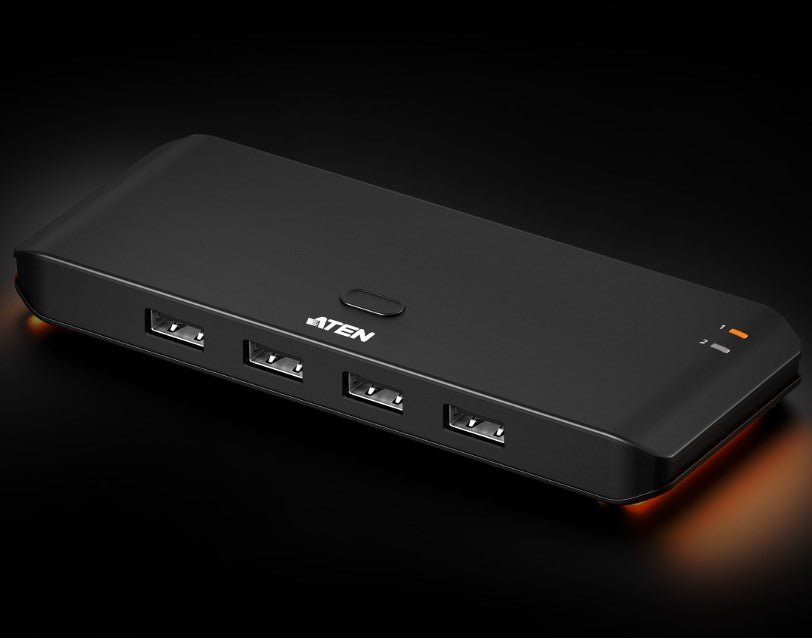 Aten Essential 2x4 USB 2.0 Sharing Switch, Sharing of four USB peripherals at 480 Mbps between two PCs at a press of the pushbutton. - Soundz Store AUSTRALIA