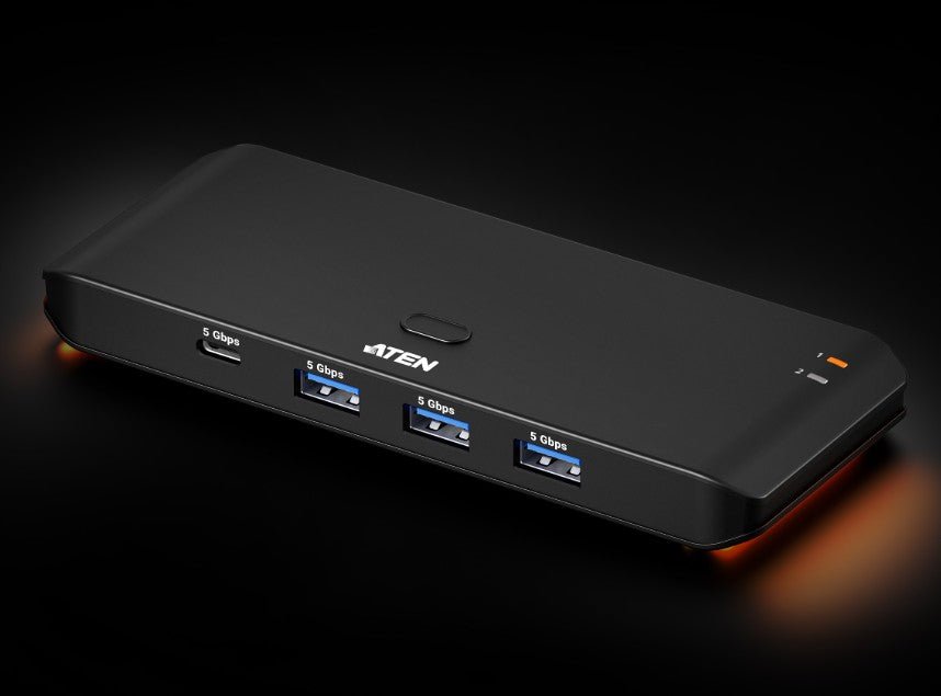 Aten Essential 2x4 USB 3.2 Gen 1 Sharing Switch, Sharing of four USB peripherals at blazing-fast 5 Gbps between two PCs / pushbutton or Remote - Soundz Store AUSTRALIA
