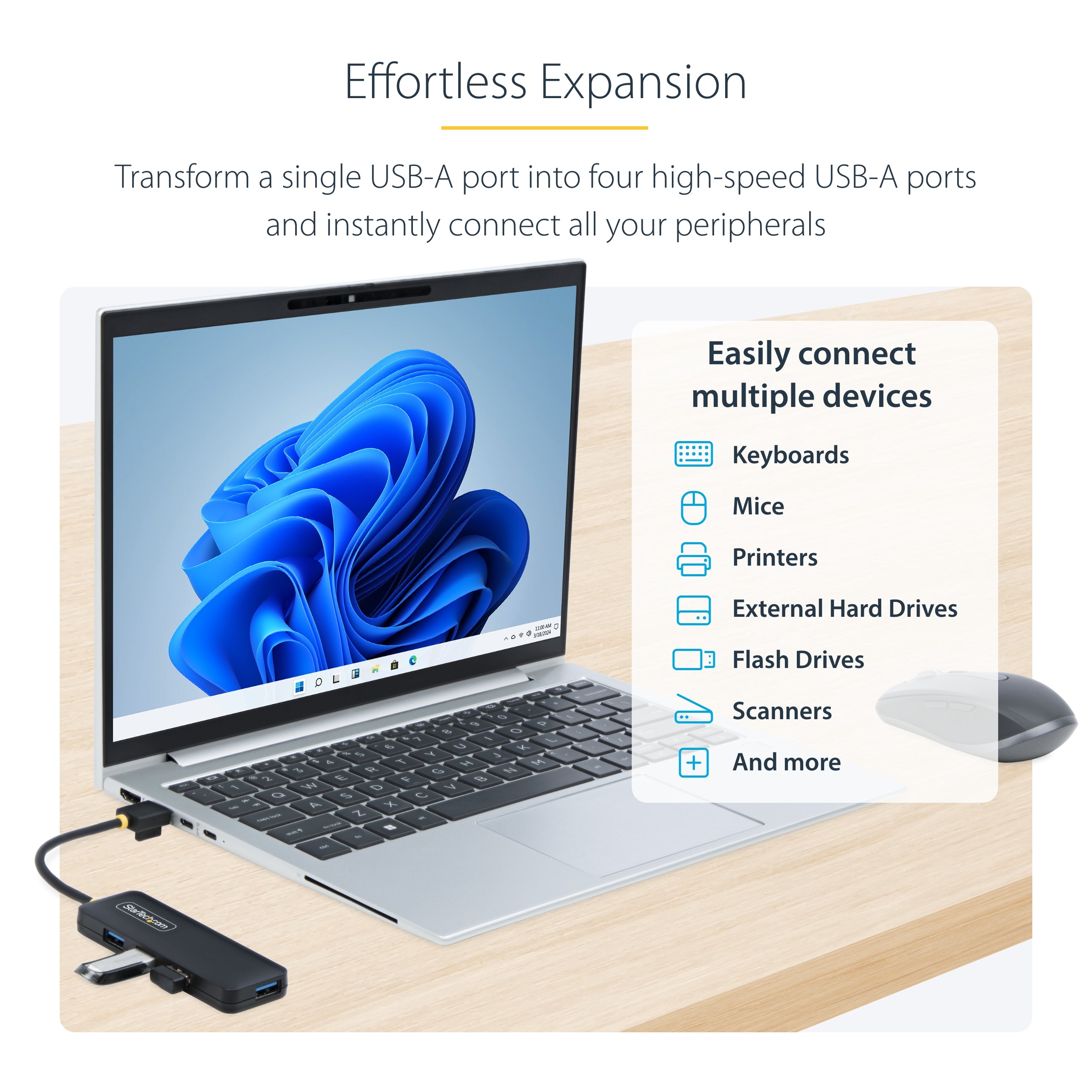 StarTech.com 4-Port USB-A Hub, 5Gbps, Bus Powered, Small Travel Mini USB Hub, Multi-Port USB 3.0 Splitter, Portable USB Hub, Overcurrent Protection (OCP)