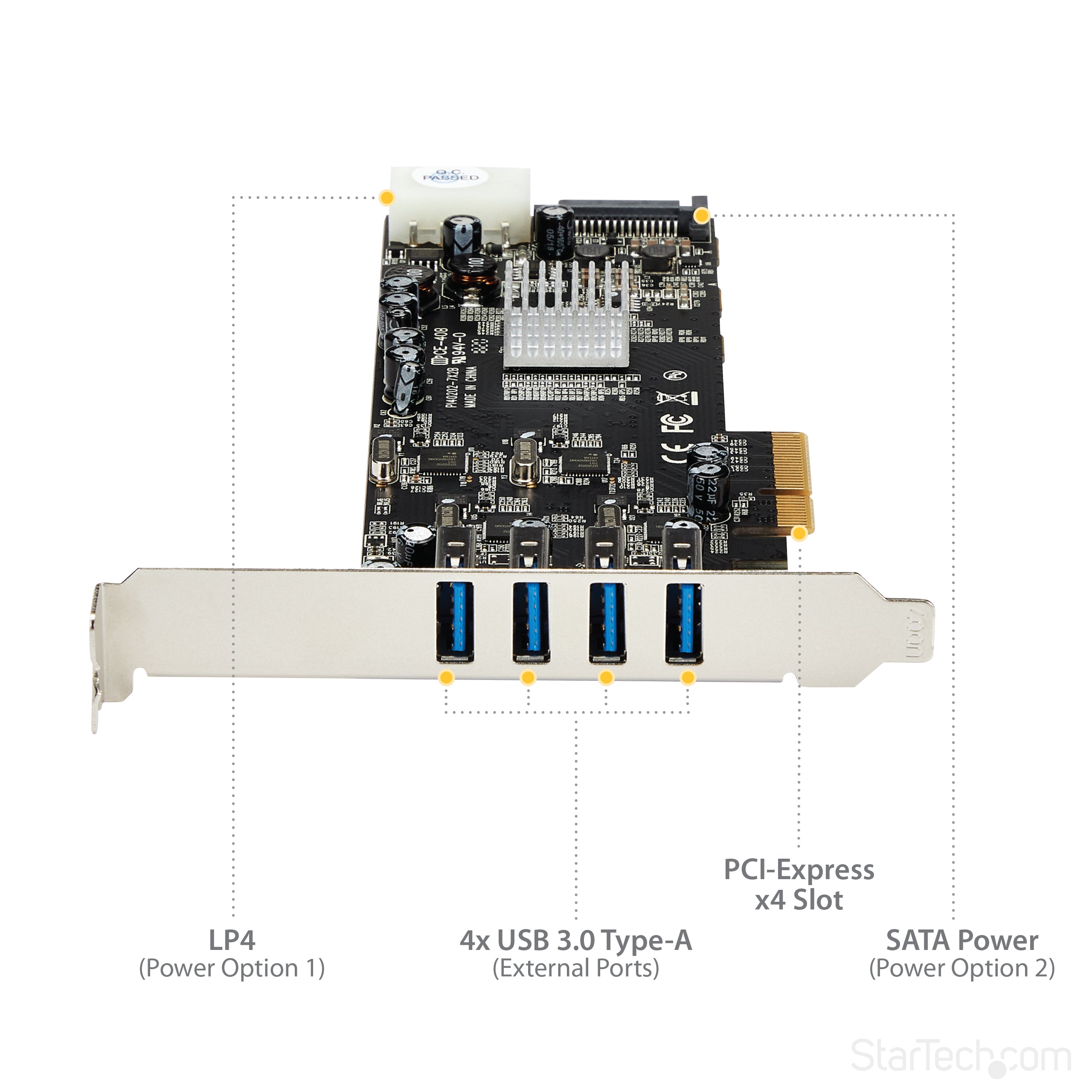 StarTech.com 4 Port USB 3.0 PCIe Card w/ 4 Dedicated 5Gbps Channels (USB 3.1 Gen 1) - UASP - SATA / LP4 Power - PCI Express Adapter Card