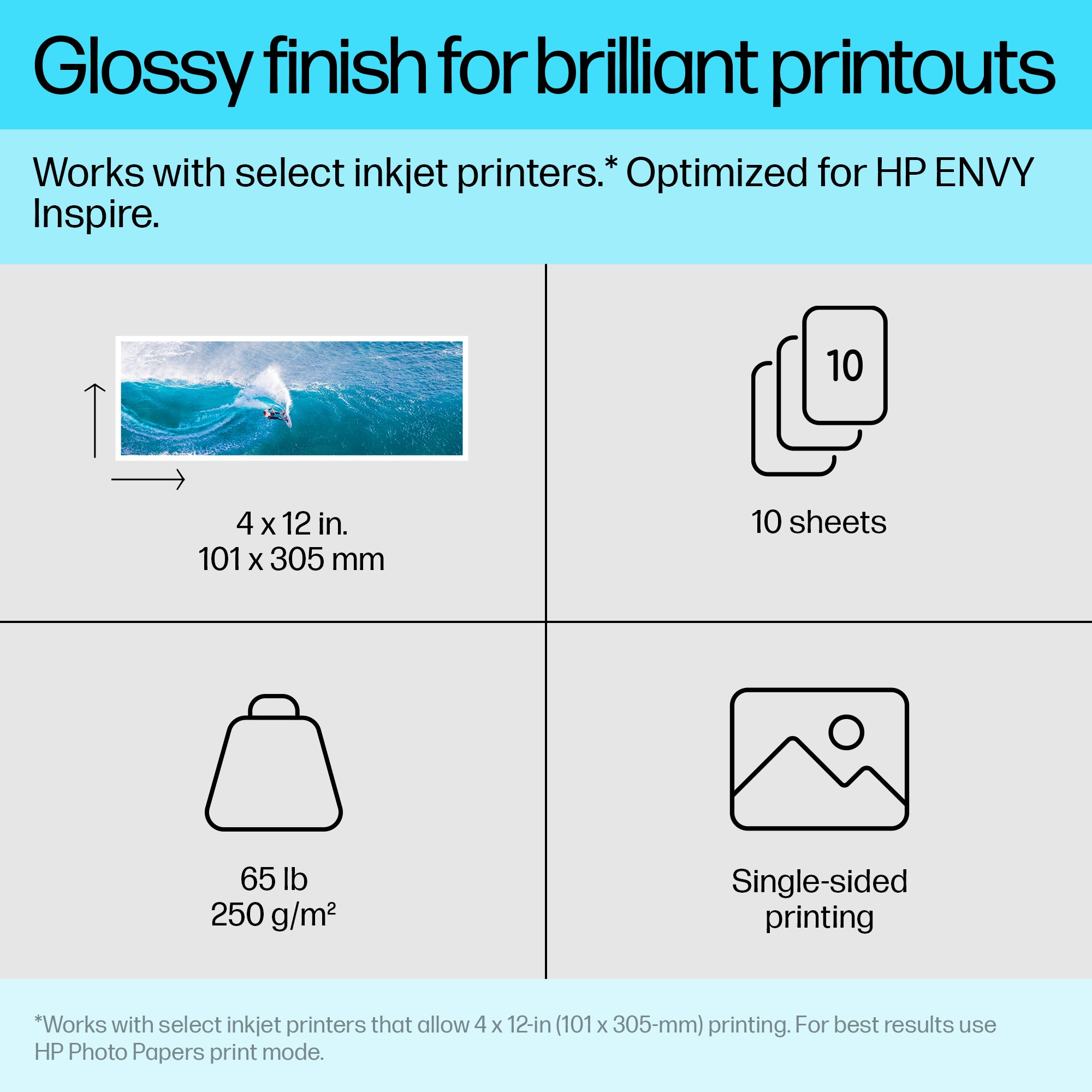 HP Advanced Photo Paper, Glossy, 65 lb, 4 x 12 in. (101 x 305 mm), 10 sheets