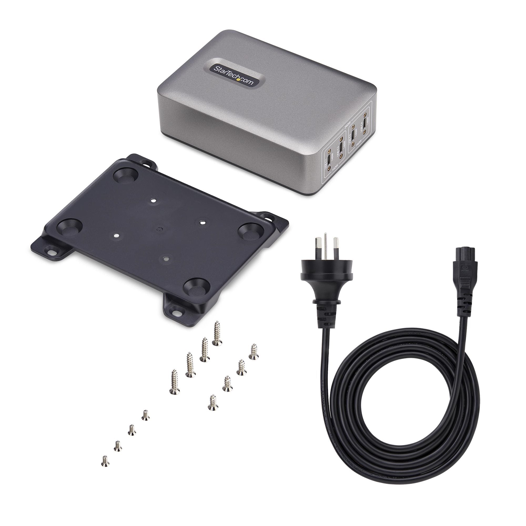 StarTech.com 4-Port Multi-Device USB-C Charger, 240W Total, Single Port 140W EPR, PD 3.1, Screw Locking Ports, Boardrooms, Bracket incl. for Surface Mounting