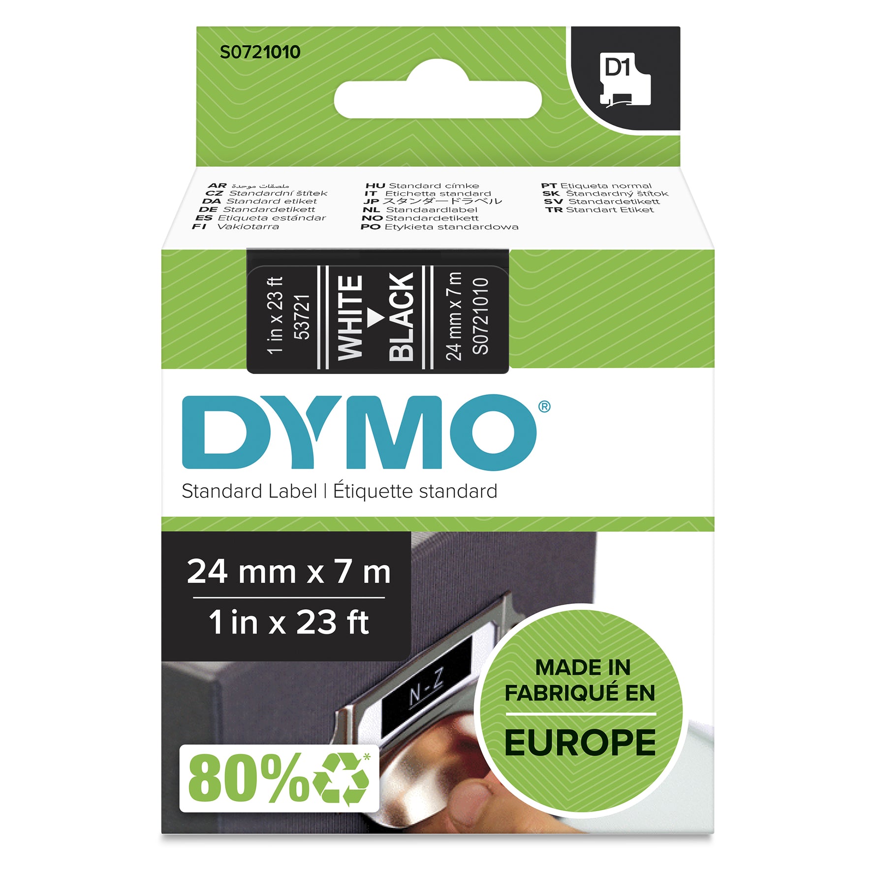 Dymo Label Tape D1 24mmx7M White On Black (Each)