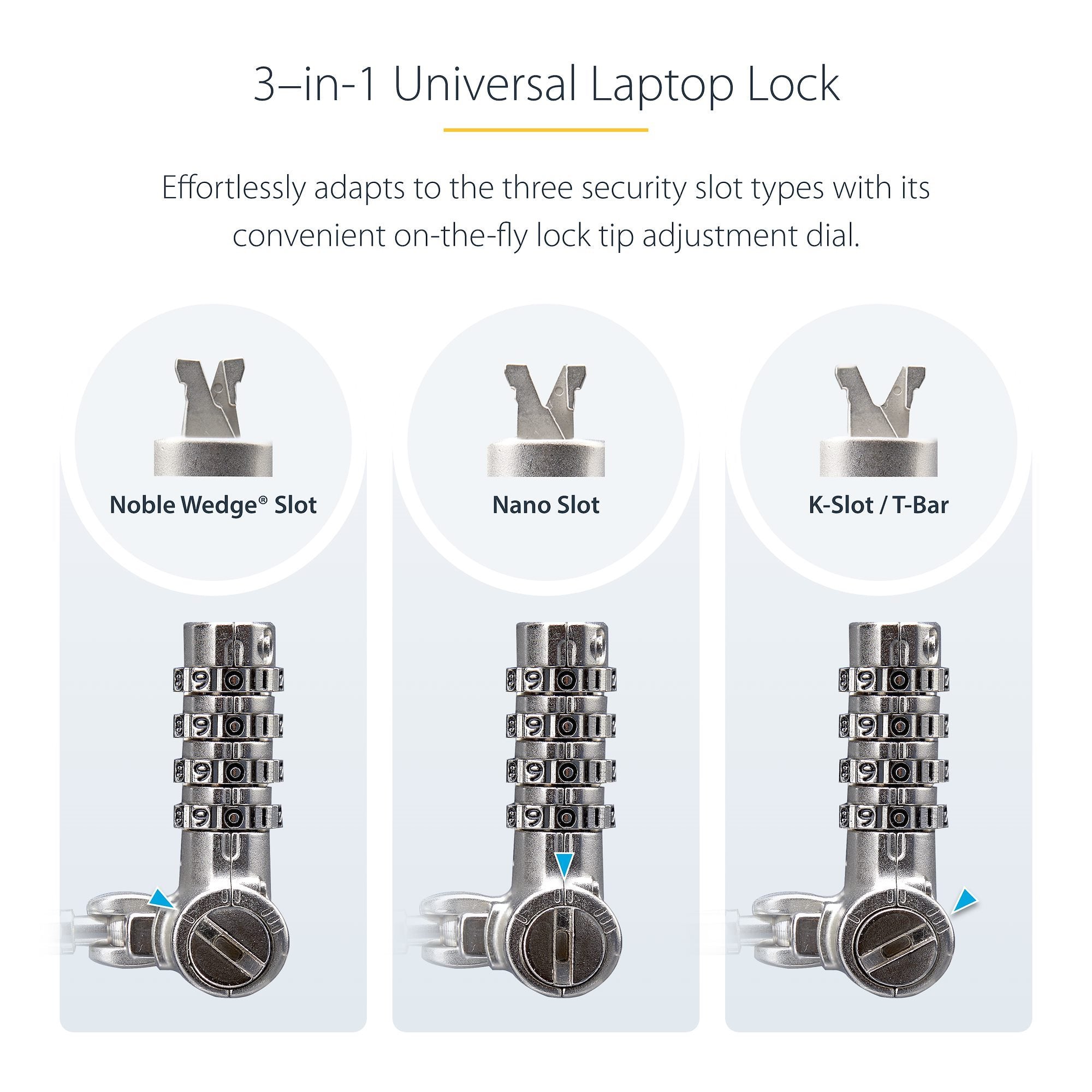 StarTech.com Universal Laptop Cable Lock 6.6ft (2m), Serialized Security Cable for Notebook, Compatible w/Noble Wedge®/Nano/K-Slot; Keyless Combination Cable, TAA