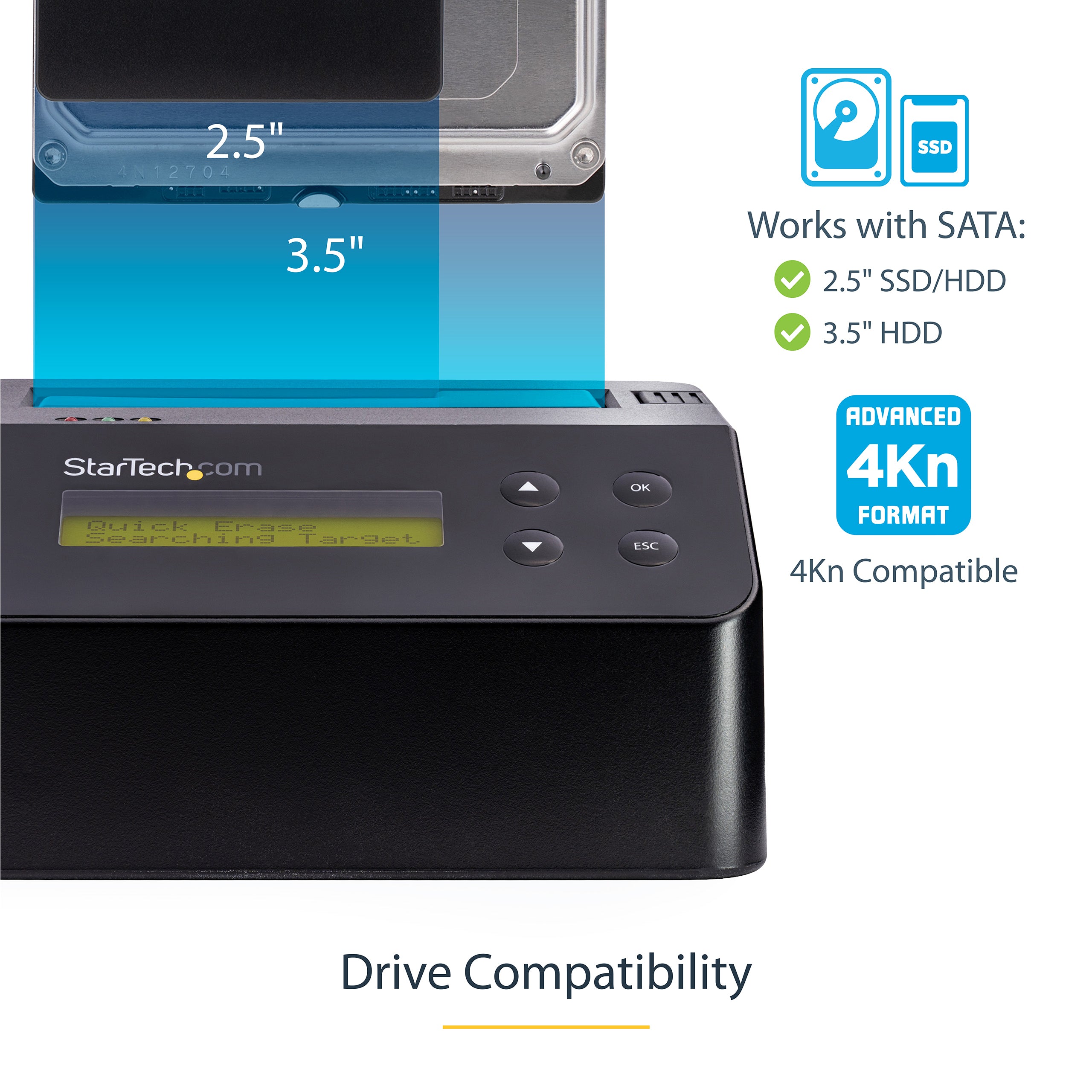 StarTech.com Single Bay Hard Drive Eraser, Standalone HDD/SSD Sanitizer, 4Kn, USB 3.0 to SATA III (6 Gbps), 9 Erase Modes, LCD Display, Secure Erase Hard Disk Sanitizer Dock, DB-9 Printer Port, TAA Compliant