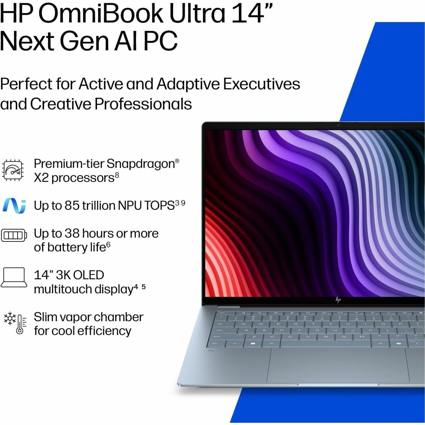 HP OmniBook Ultra 14-kg0017QU 14' Touchscreen Copilot+ PC Notebook - 2.8K - 120 Hz - Qualcomm Snapdragon X2 Elite X2E-90-100 - 32 GB - 1 TB SSD - Stone Blue - Soundz Store AUSTRALIA