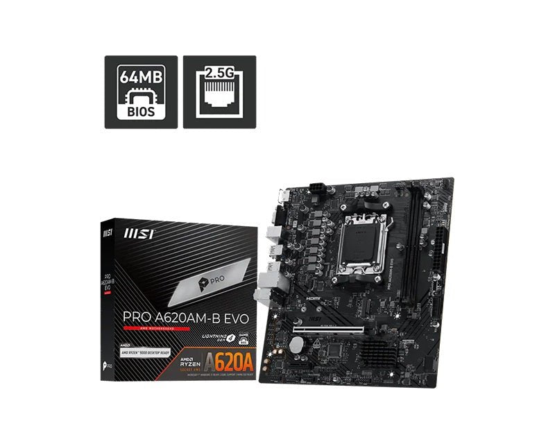 MSI PRO A620AM-B EVO ATX Motherboard, AM5, AMD A620A, 2xDDR5 128GB, PCIe4.0 x16, 1xM.2, 2xSATA, HDMI/VGA, 2.5G LAN, ATX - Soundz Store AUSTRALIA