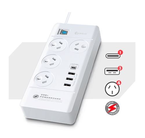 Sansai 4 Outlet 3xUSB-A & 1xUSB-C Powerboard Master On/Off switch Surge and overload protected Fast charging 1M 20W 220-240V 10A IV Retail box - Soundz Store AUSTRALIA