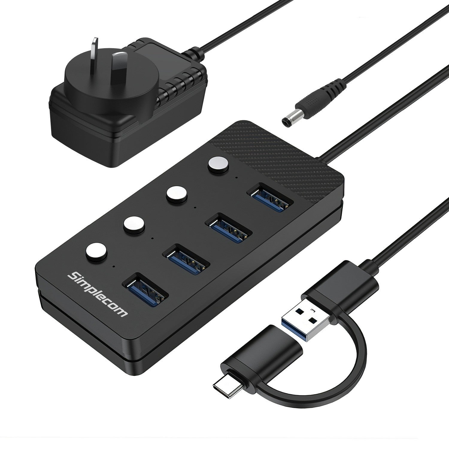 Simplecom CH345C SuperSpeed USB-A and USB-C to 4-Port USB 3.0 Hub 5Gbps Individual Switches and Power Adapter - Soundz Store AUSTRALIA