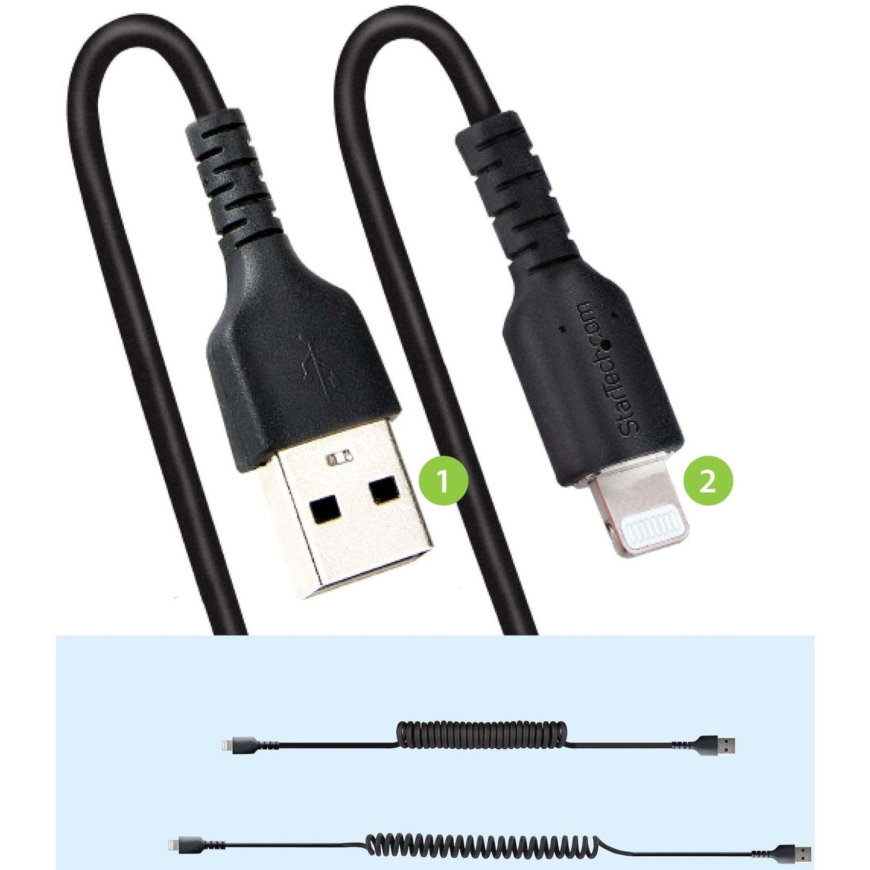 StarTech.com 1m (3ft) USB to Lightning Cable, MFi Certified, Coiled iPhone Charger Cable, Black, Durable TPE Jacket Aramid Fiber - Soundz Store AUSTRALIA