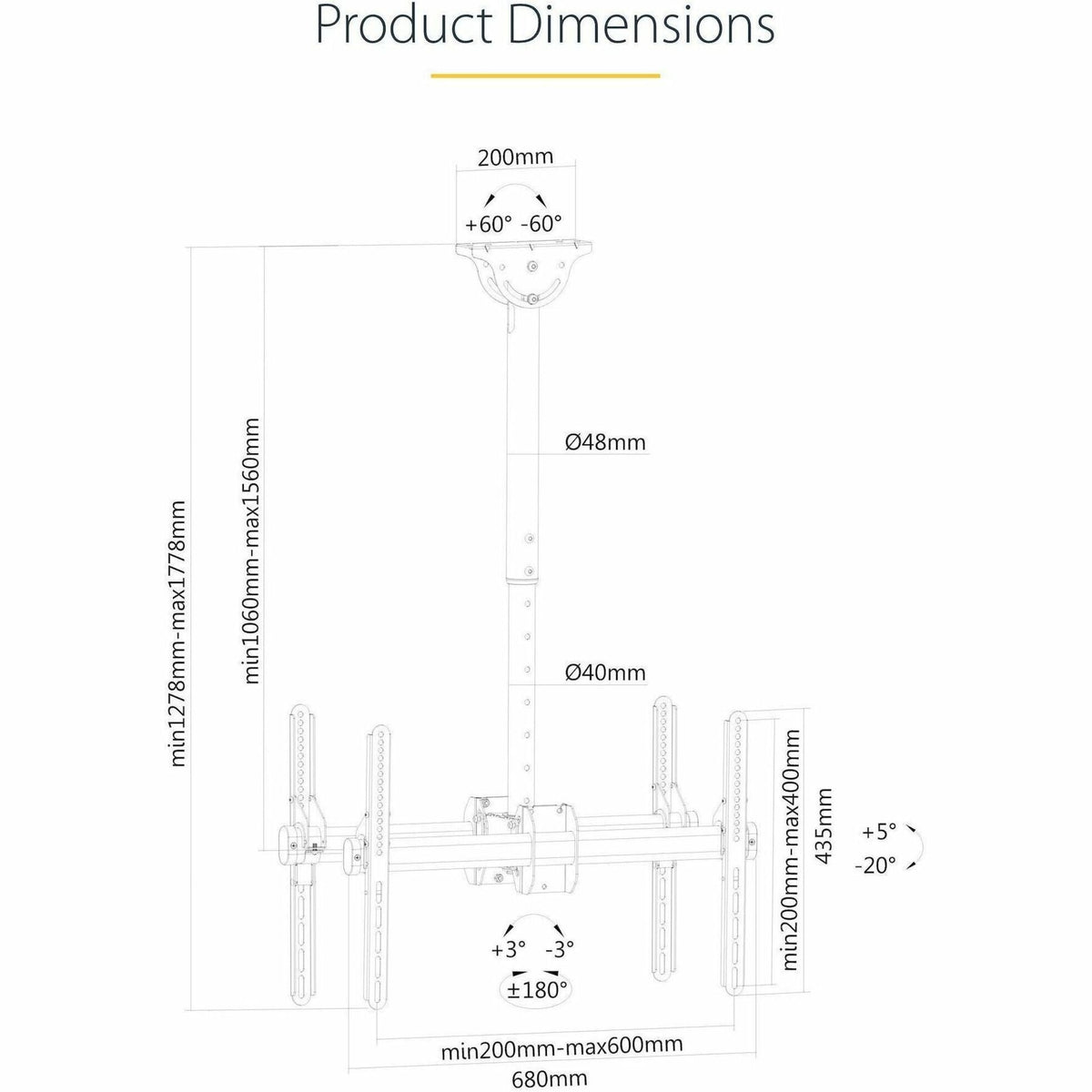 StarTech.com Dual TV Ceiling Mount, Back-to-Back Hanging Dual Screen VESA Pole Mount for 32'-75' TVs - Height Adjustable Telescopic Pole - Soundz Store AUSTRALIA