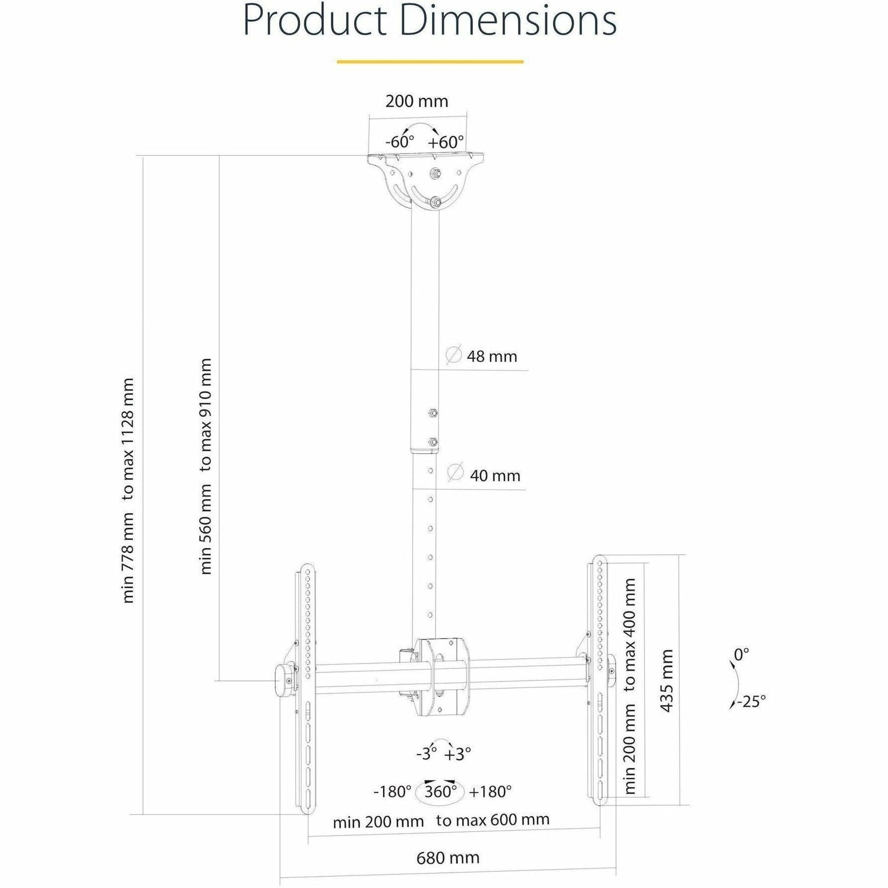 StarTech.com TV Ceiling Mount, Full-Motion Hanging Single Screen Vesa Mount for 32'-75' TVs / Displays - Height Adjustable Telescopic Pole - Soundz Store AUSTRALIA