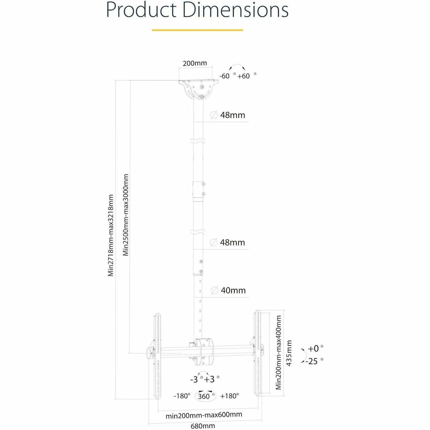StarTech.com TV Ceiling Mount, Full-Motion Hanging Single Screen Vesa Mount for 32'-75' TVs / Displays - Height Adjustable Telescopic Pole - Soundz Store AUSTRALIA