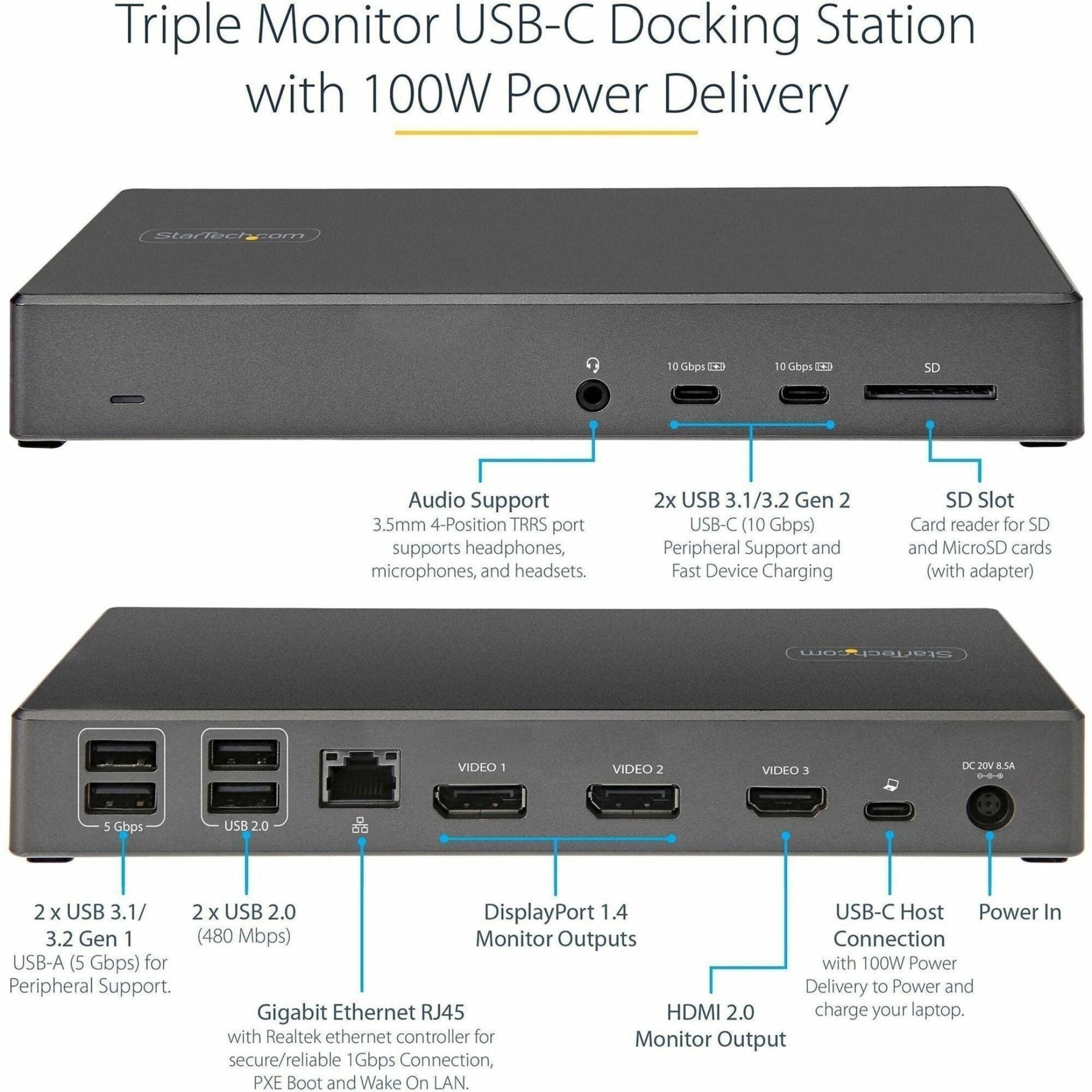 StarTech.com USB C Dock, Triple 4K Monitor USB-C Docking Station with DP 1.4 & DSC, 2x DisplayPort & 1x HDMI, 100W PD, 6x USB (2x 10Gbps) - Soundz Store AUSTRALIA