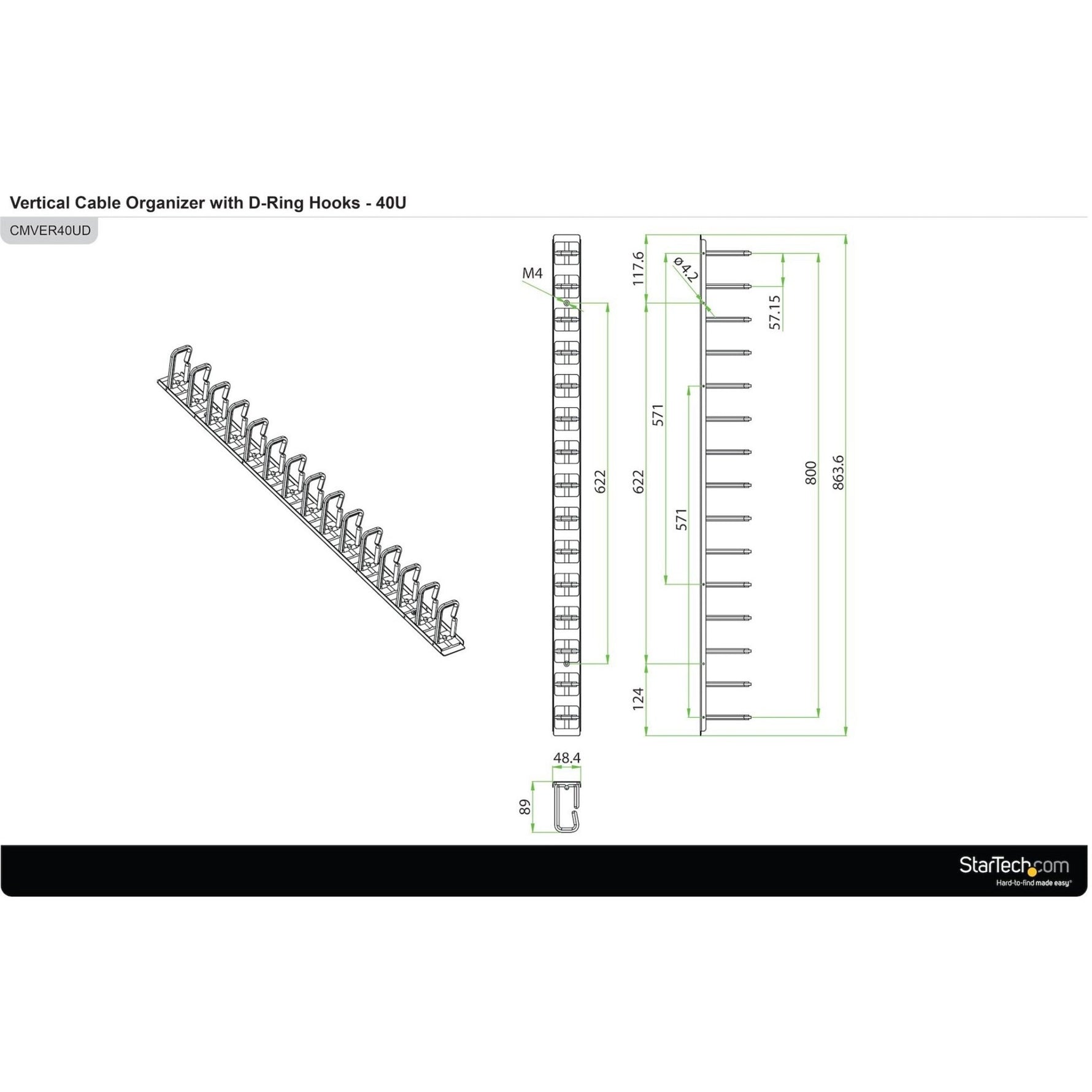 StarTech.com Vertical Cable Organizer with D-Ring Hooks - Vertical Cable Management Panel - 40U - 6 ft. - Soundz Store AUSTRALIA