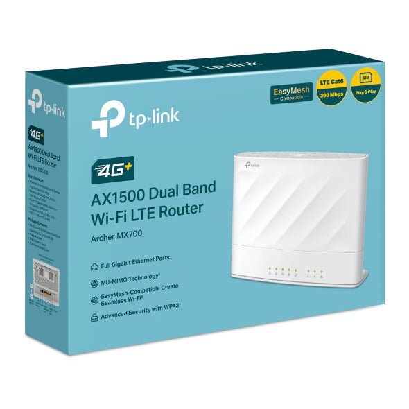 TP-Link Archer MX700 4G+ AX1500 Dual Band Wi-Fi LTE Router with Cat6 300 Mbps 4G+, AX1500 dual-band, nano SIM, 1×WAN/LAN + 3×LAN, and external antenna - Soundz Store AUSTRALIA