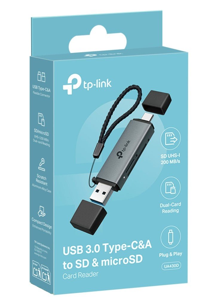 TP-Link UA430D USB 3.0 Type-C&A to SD & microSD 3.0 Card Reader, support SD，SDHC、SDXC，microSD、microSDHC、microSDXC cards up to 2TB. - Soundz Store AUSTRALIA