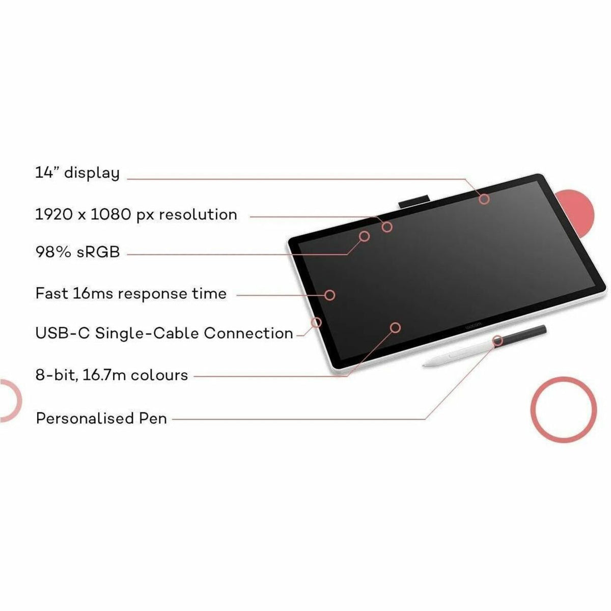 Wacom One 14 DTC141W0Z Graphics Tablet - 35.6 cm (14') LCD Full HD - Cable - Soundz Store AUSTRALIA
