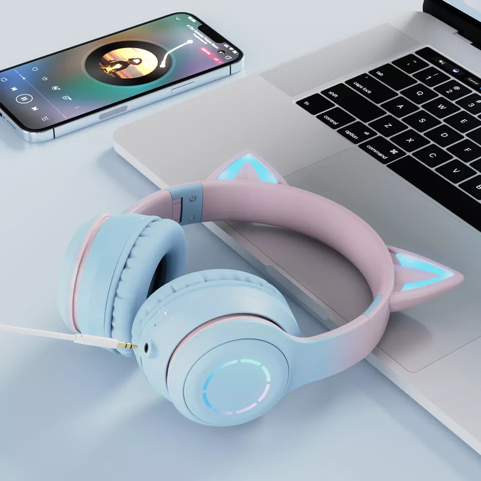 Cute Cat Ear Kids BT029 LED Light Bluetooth Luminous Heavy Bass Stereo Wireless Headphones with Detachable Microphone - Soundz Store AUSTRALIA