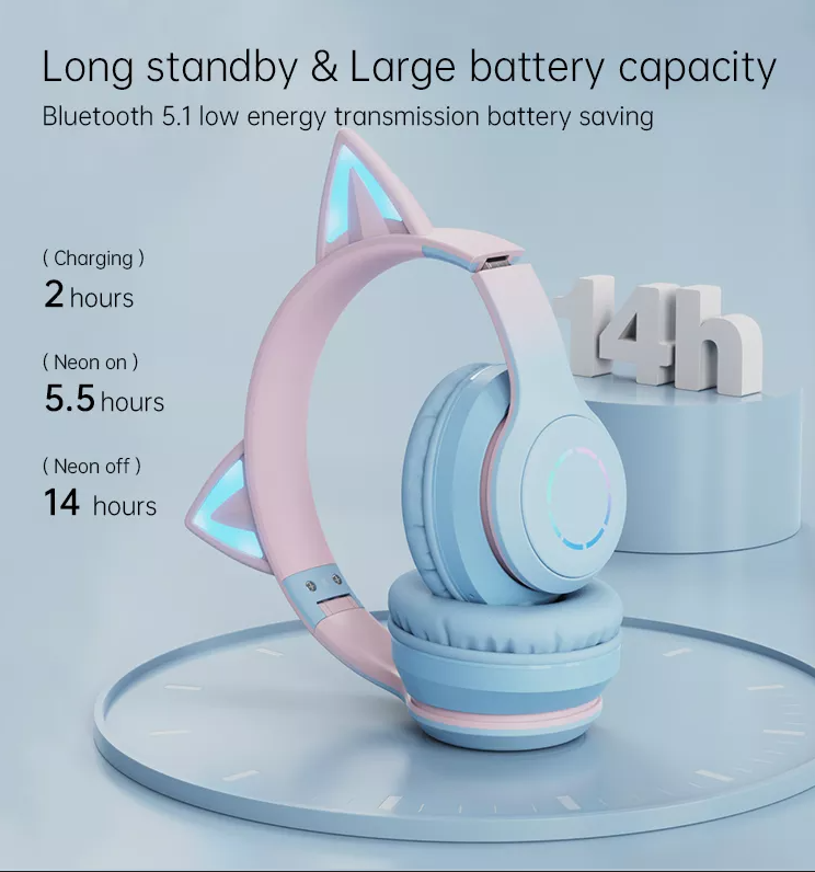Cute Cat Ear Kids BT029 LED Light Bluetooth Luminous Heavy Bass Stereo Wireless Headphones with Detachable Microphone - Soundz Store AUSTRALIA