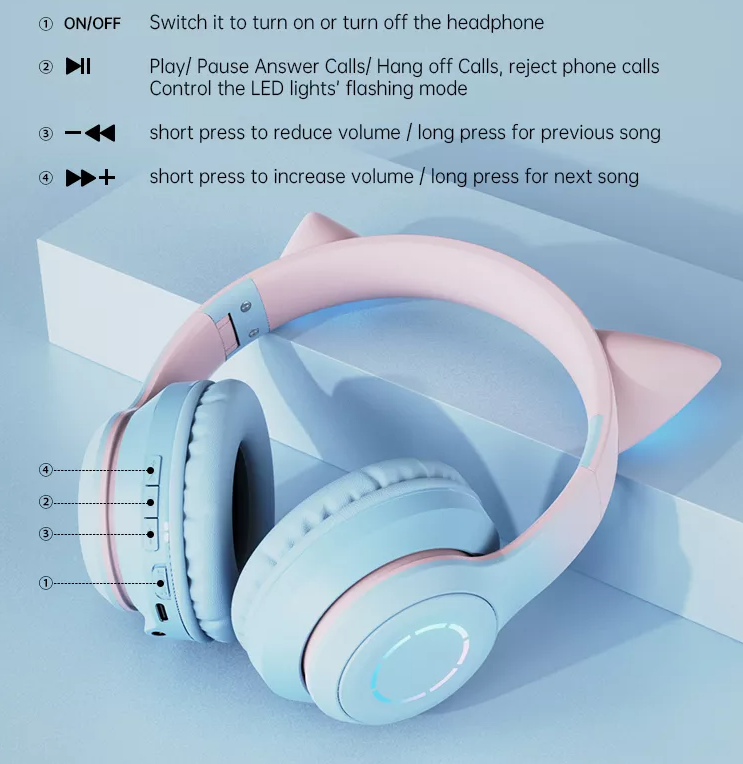 Cute Cat Ear Kids BT029 LED Light Bluetooth Luminous Heavy Bass Stereo Wireless Headphones with Detachable Microphone - Soundz Store AUSTRALIA